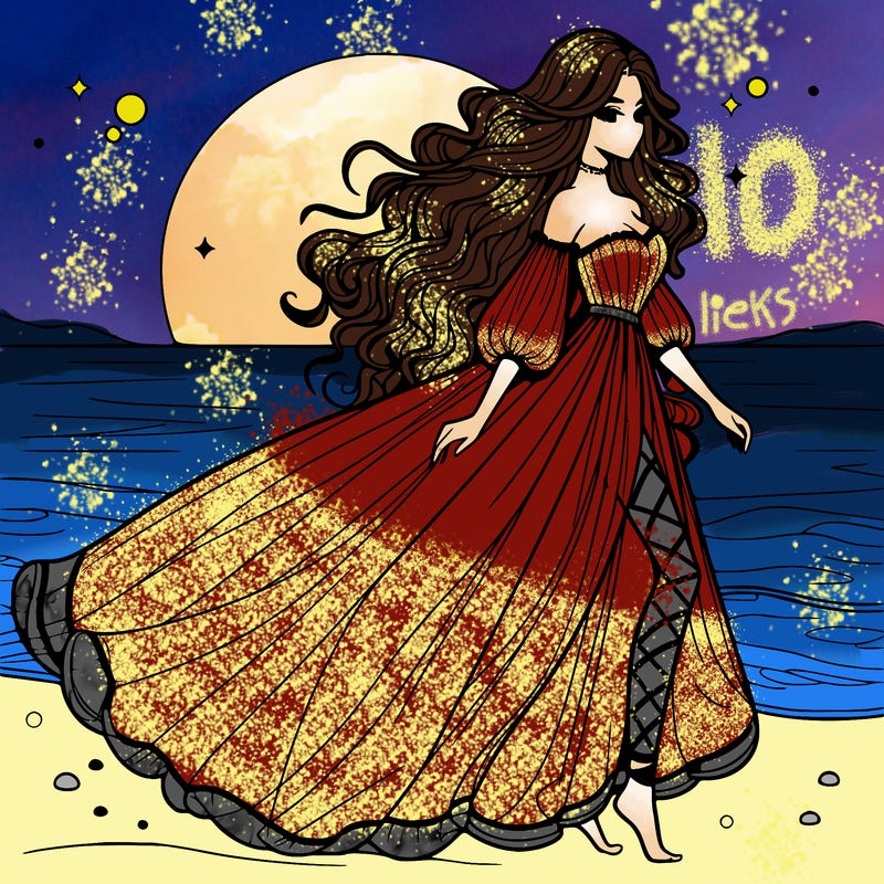 beautiful woman with a vaporous long dress walking on the beach at the noon, detailed art