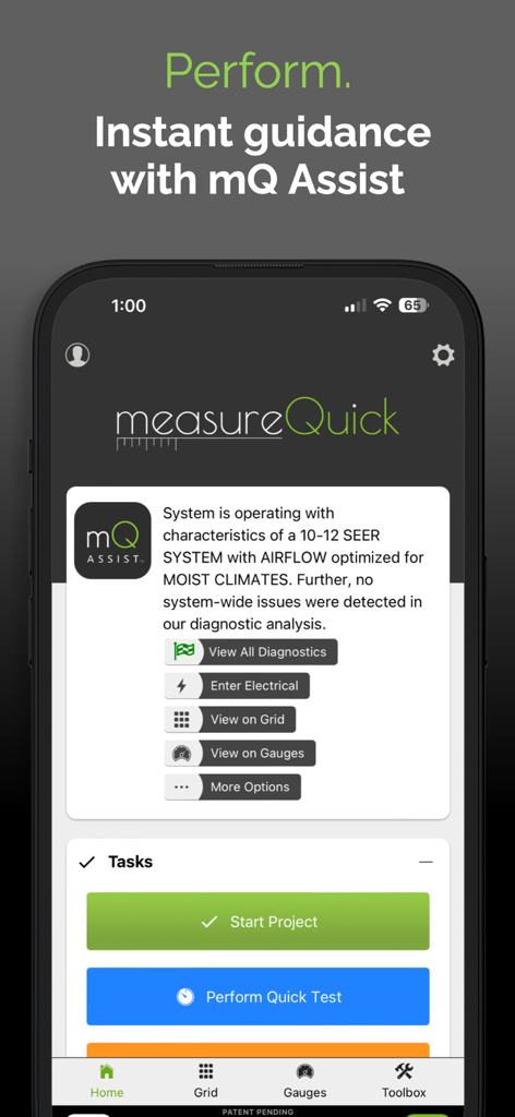 measureQuick HVAC - The measureQuick HVAC app interface showing mQ Assist providing instant diagnostic guidance and system performance analysis.