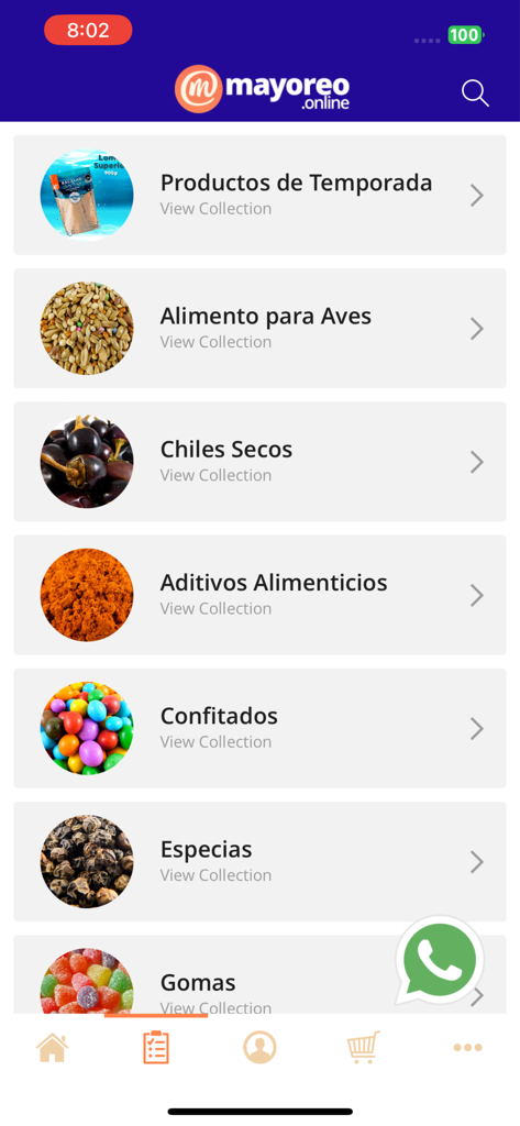 Mayoreo Online - Interfaz de la aplicación Mayoreo Online que muestra categorías de chiles secos, especias y semillas al por mayor.