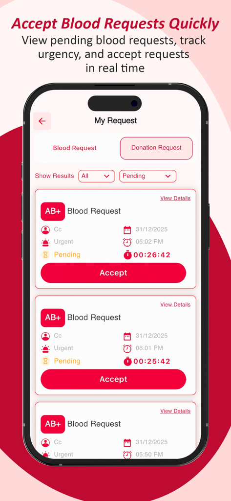 Blood Sync App - A mobile interface of the Blood Sync app showing a list of urgent AB positive blood requests with an accept button for donors.