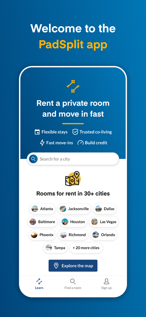 PadSplit: Rooms for rent - Welcome screen of the PadSplit app featuring private room rentals in cities like Atlanta and Houston with flexible stays and fast move-ins.