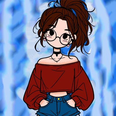 girl with a messy ponytail glasses a baggy crop top and jean shorts