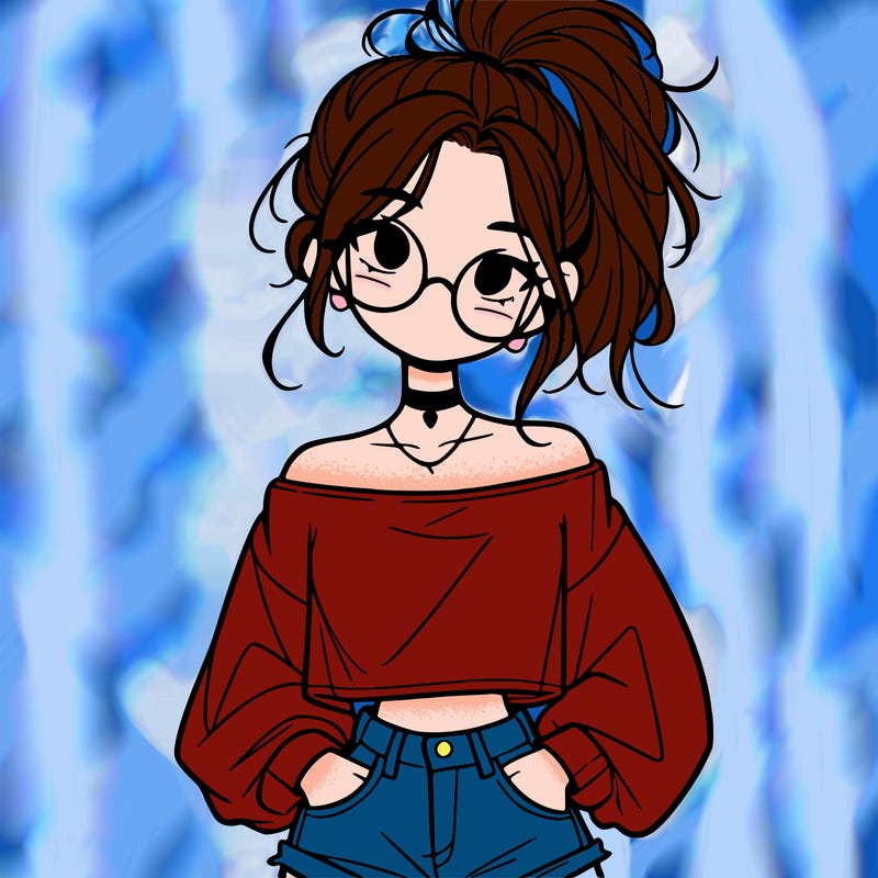 girl with a messy ponytail glasses a baggy crop top and jean shorts