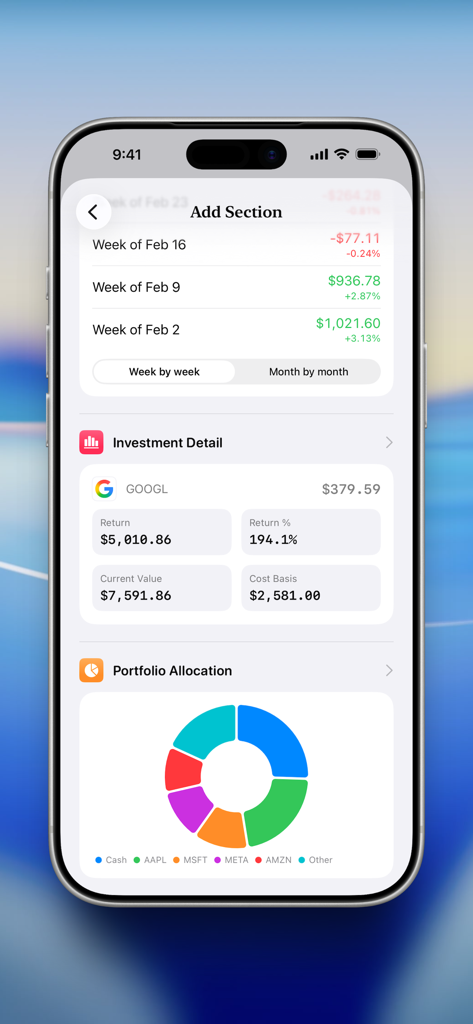 Summit: Portfolio Tracking - iPhone-Dashboard der Summit Portfolio Tracking App mit Aktienperformance-Analyse und Diagramm zur Vermögensallokation