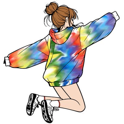 realistic girl jumping with a bun and oversized sweatshirt