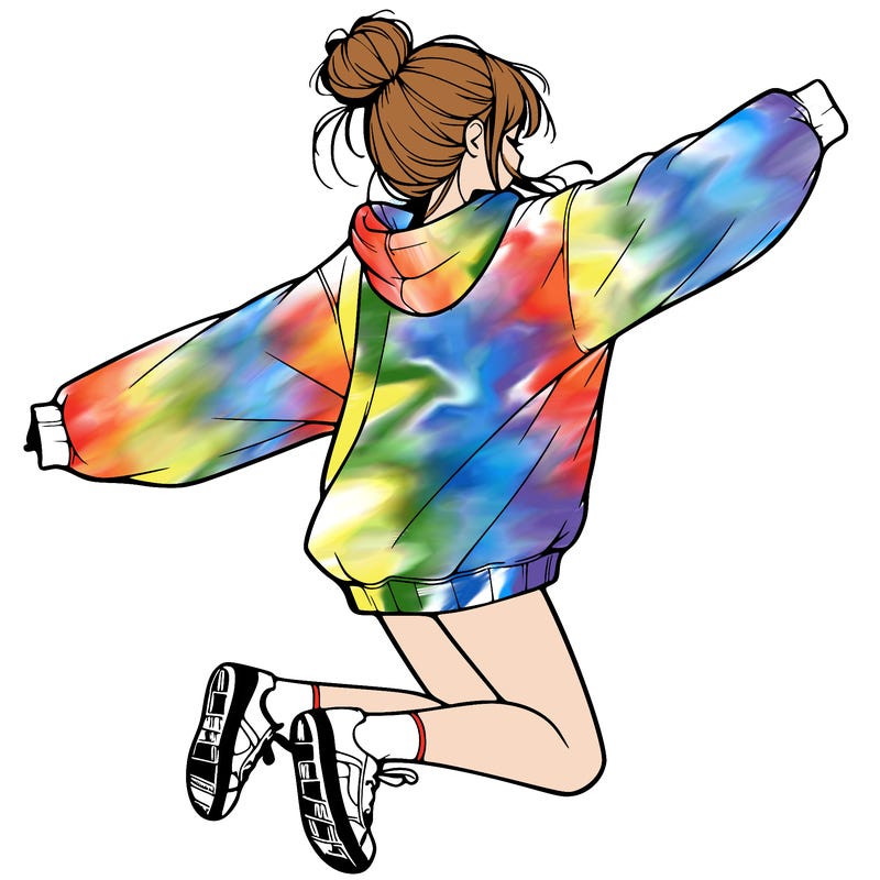 realistic girl jumping with a bun and oversized sweatshirt