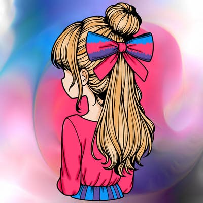 realistic girl  with hip length hair a bun and a big bow on the back of head