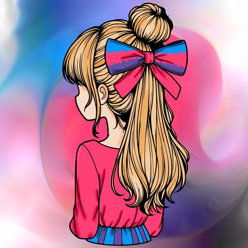 realistic girl  with hip length hair a bun and a big bow on the back of head
