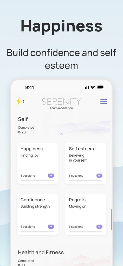 App di meditazione Serenity che mostra moduli per la felicità, l'autostima, la fiducia e i rimpianti su un'interfaccia pulita.