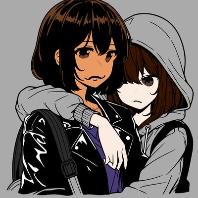 anime girl with shoulder length hair wearing a leather jacket hugging another anime girl with shoulder length hair wearing a hoodie