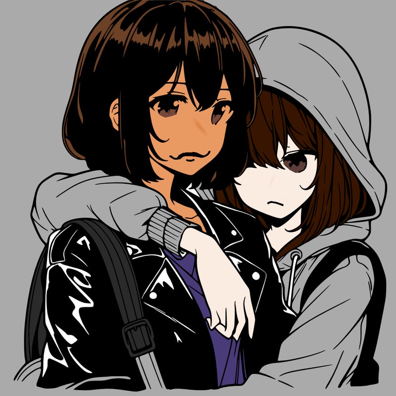 anime girl with shoulder length hair wearing a leather jacket hugging another anime girl with shoulder length hair wearing a hoodie