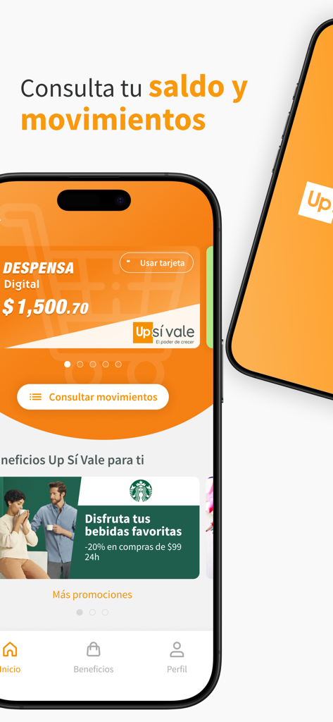 UP Sí Vale - Interfaz de la aplicación móvil de UP Sí Vale mostrando el saldo de un vale digital y una oferta de descuento de Starbucks.