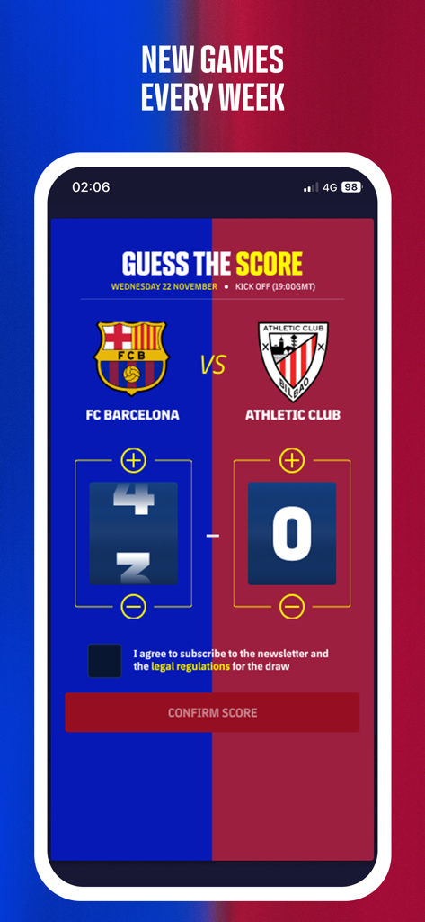 FC Barcelona Official App - FC Barcelona official app screen for the Guess the Score match prediction game.