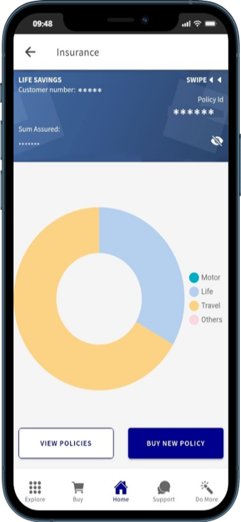 Dashboard assicurativo dell'app MyAXA Plus che mostra la polizza di risparmio vita e il grafico di ripartizione del tipo di polizza