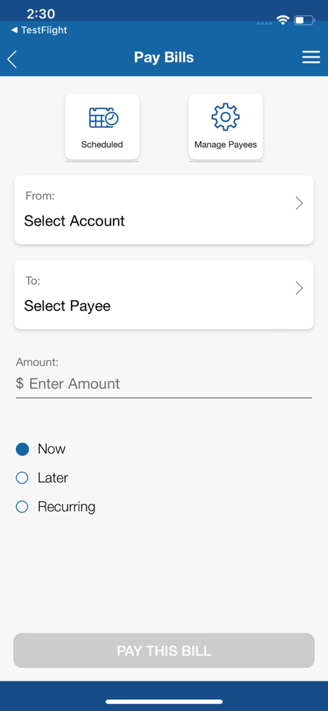 Your Credit Union Mobile App - The bill payment screen of the Your Credit Union mobile app showing options to select an account, payee, and payment schedule.