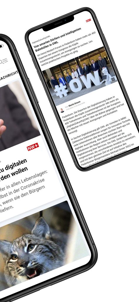 NW News - Deux iPhones affichant des articles d'actualités locales et des images de l'application NW News pour la région OWL.