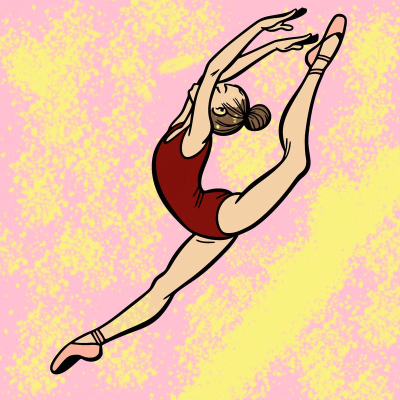 gymnast doing a leap in a leotard with a bent back leg