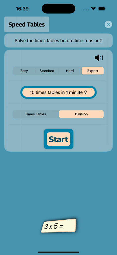 Tafels trainer - Tafels trainer speed tables game screen showing expert difficulty settings for division and a start button