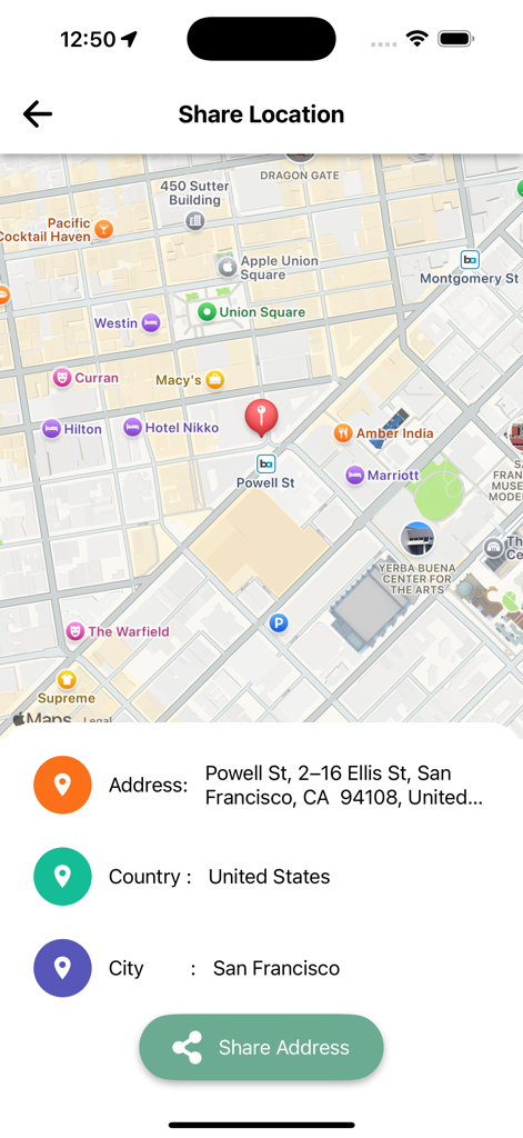 True Caller - Caller Id - Interfaz de la aplicación True Caller que muestra un mapa de ubicación de San Francisco con detalles de dirección y un botón para compartir la dirección.