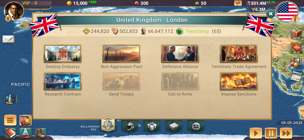 MA 3 – President Simulator - Diplomatie-Menü in Modern Age 3 mit Optionen für internationale Beziehungen wie Allianzen und Sanktionen mit dem Vereinigten Königreich.