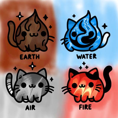 4 cats that represent the different elements, earth, water, air, and fire