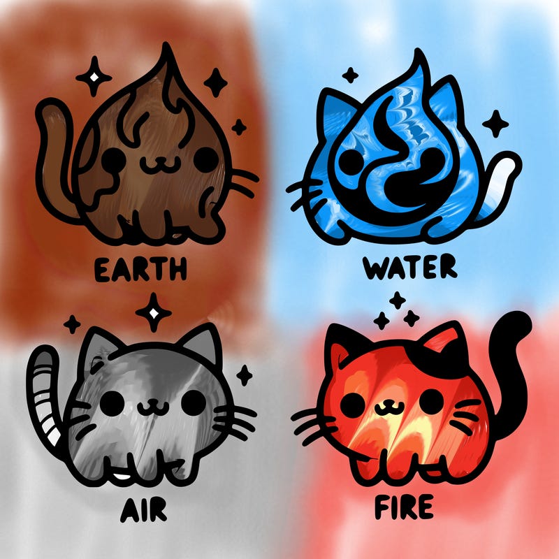 4 cats that represent the different elements, earth, water, air, and fire