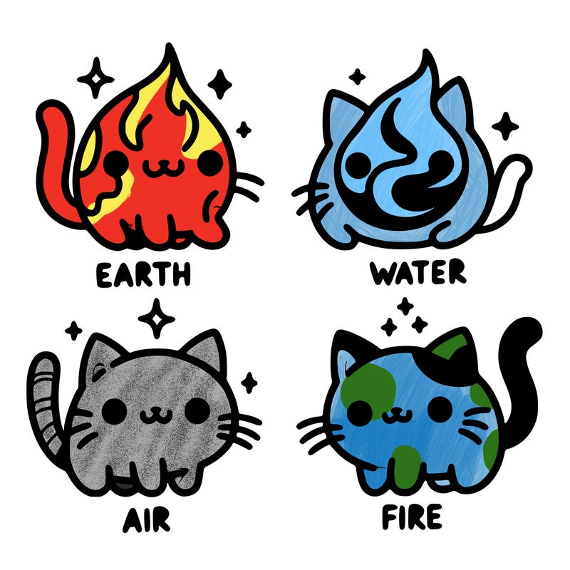 4 cats that represent the different elements, earth, water, air, and fire