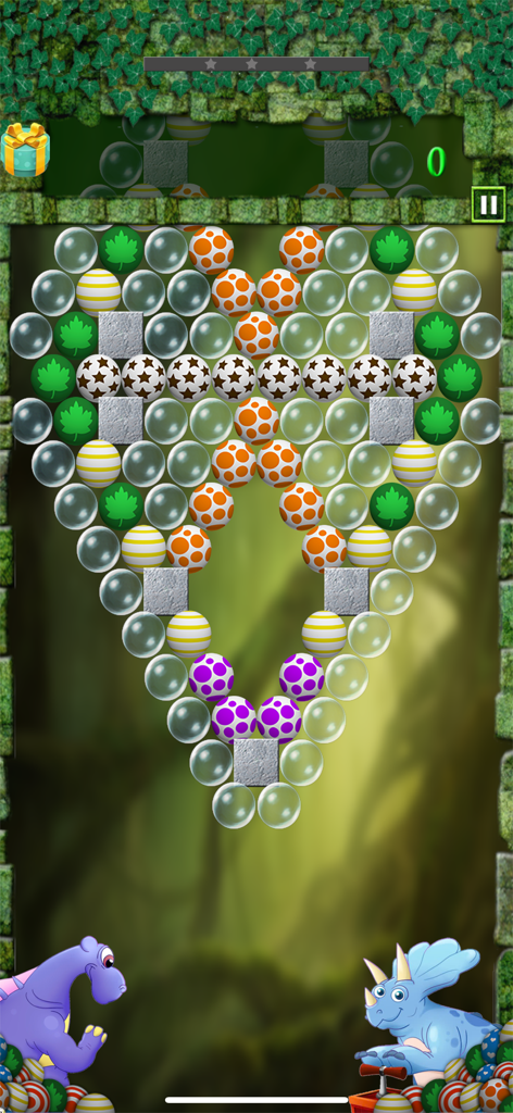 Egg Shoot Dino gameplay featuring a heart shaped arrangement of colorful dinosaur eggs in a jungle setting