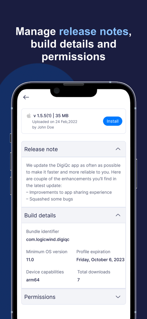 AppsOnAir - AppsOnAir mobile interface showing release notes and technical build details for an app version