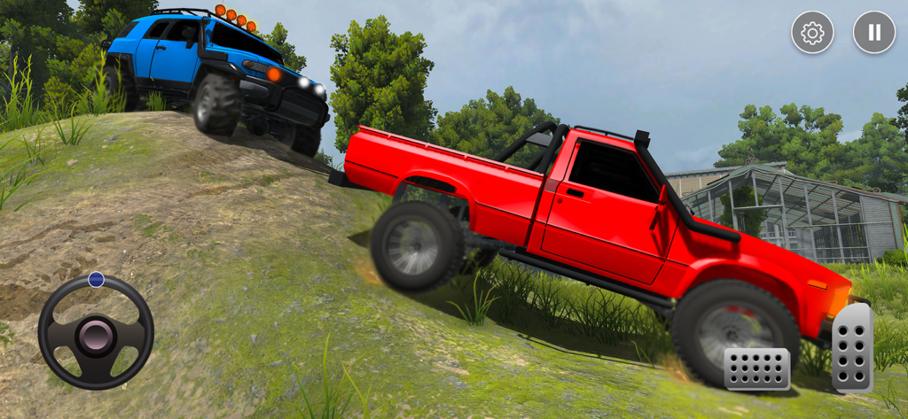 Offroad Pickup Truck Driving - Una camioneta roja y un SUV azul subiendo una colina cubierta de hierba en un juego de simulación todoterreno