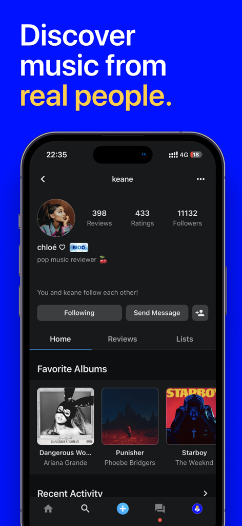 Musicboard: Albums & Songs - Musicboard-App-Bildschirm, der ein Benutzerprofil mit Rezensionen, Bewertungen und einer kuratierten Liste von Lieblingsalben anzeigt.