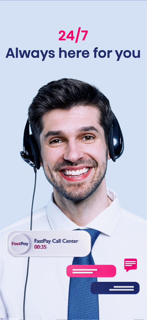 A smiling male customer support agent wearing a headset representing 24/7 help for FastPay Wallet users