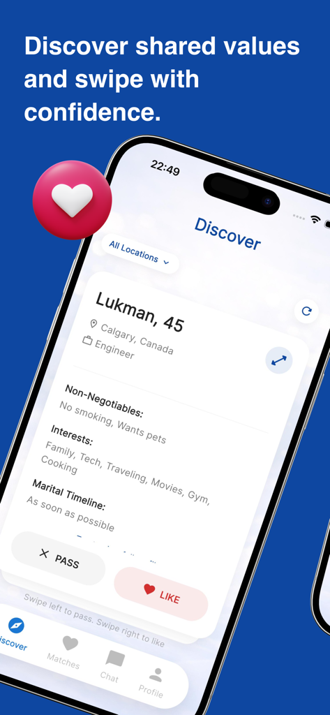 AfroHalalPair - AfroHalalPair mobile app screen displaying a potential match profile with personal values and interests