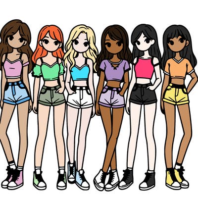 a group of girls wearing crop tops and shorts