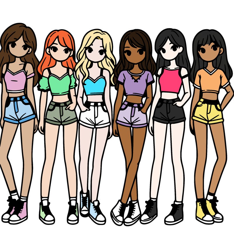 a group of girls wearing crop tops and shorts