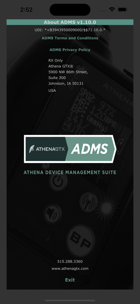 Athena Device Management Suite-Bildschirm mit Informationen zur Softwareversion und Kontaktdaten des Unternehmens