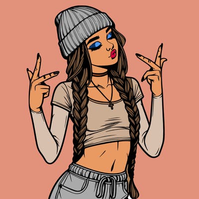 realistic teenage girl with braids and a beanie and crop top doing 🫶🏼