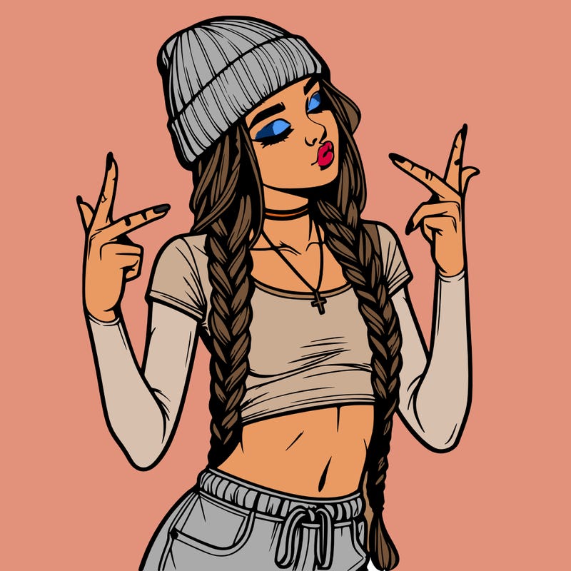 realistic teenage girl with braids and a beanie and crop top doing 🫶🏼