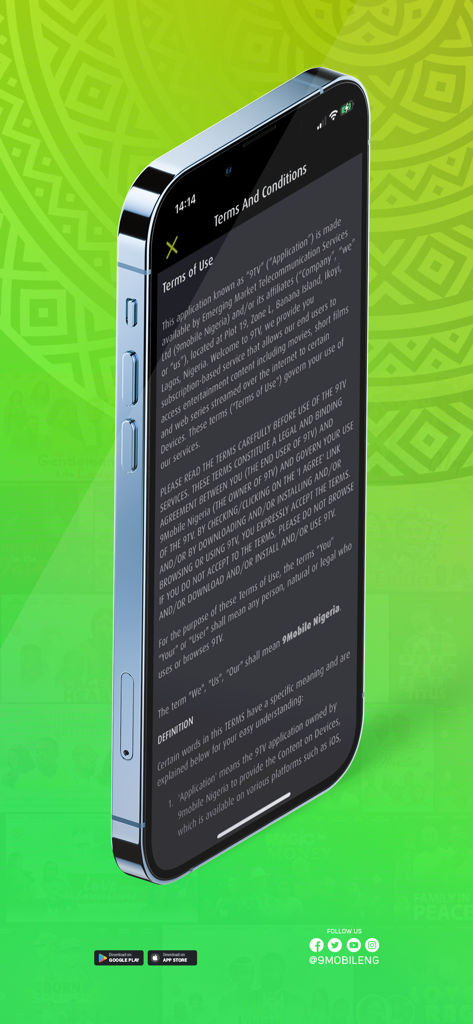 9TV - iPhone affichant la page Conditions d'utilisation de l'application 9TV