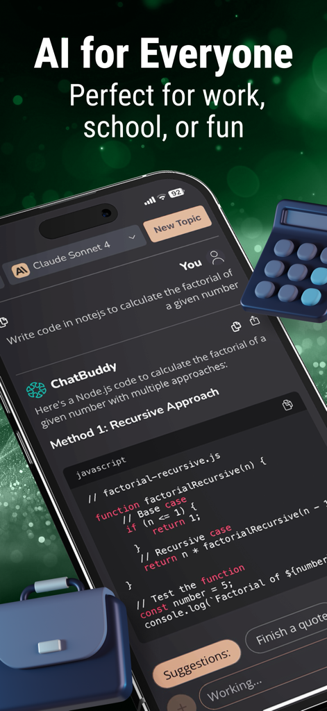 ChatBuddy - Multi-AI Assistant - ChatBuddy app interface showing Claude AI generating JavaScript code for a factorial calculation