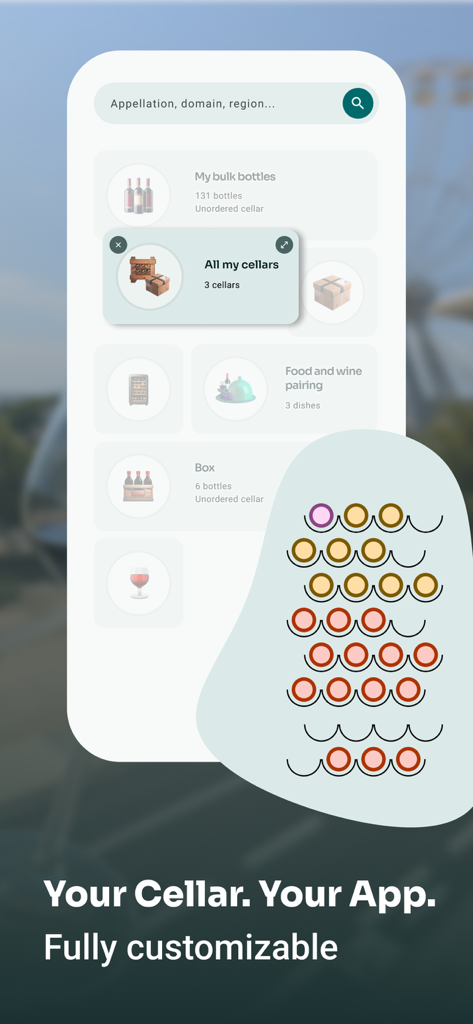 Vinara - Wine cellar manager - Vinara app interface showing customizable wine cellar management with a visual rack and food pairing features