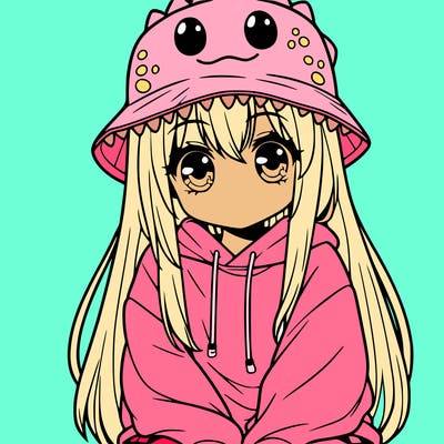 girl with anime shaped eyes with a dinosaur bucket hat oversized sweatshirt long straight hair