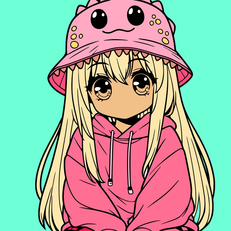 girl with anime shaped eyes with a dinosaur bucket hat oversized sweatshirt long straight hair