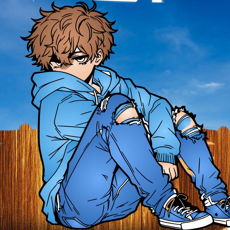 a male hoddie ripped jeans messy hair anime