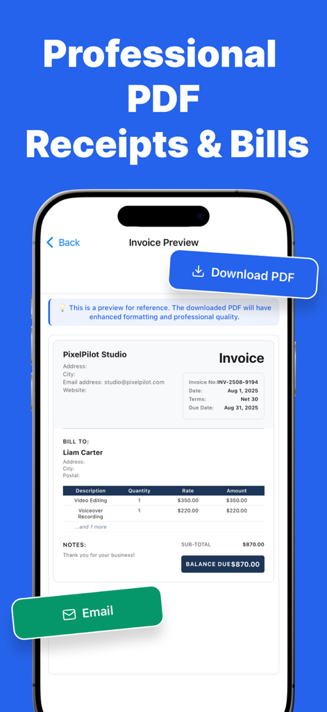 Invoice Generator: Fast Bills - Una vista previa de factura profesional en PDF en la pantalla de un teléfono móvil con botones de descarga y correo electrónico.