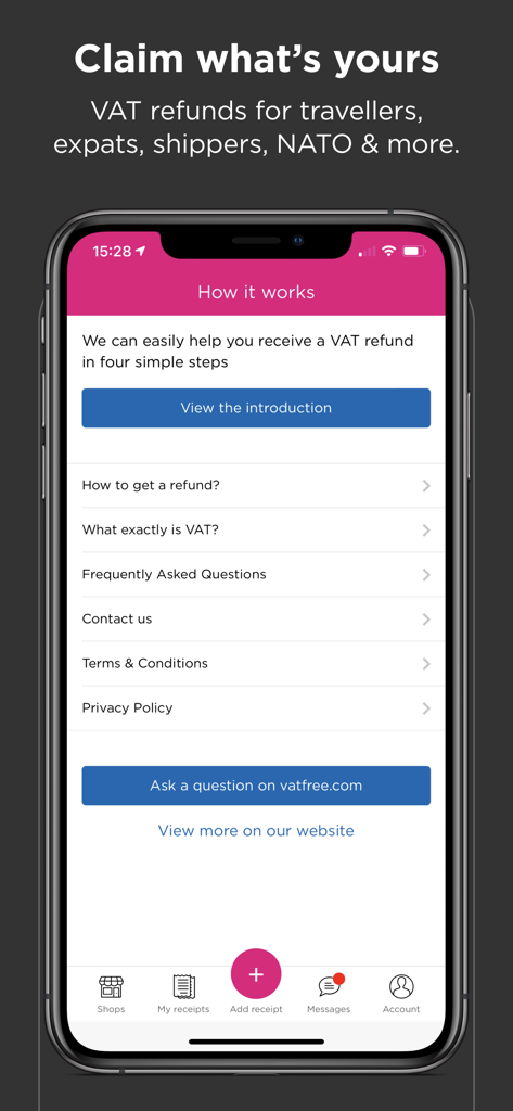 vatfree.com - Screenshot of the vatfree.com mobile app interface showing the How It Works menu and VAT refund information for travelers.