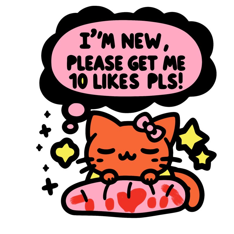 kitty taking a nap dream talking and saying "i'm new, please get me at least 10 likes pls!!"