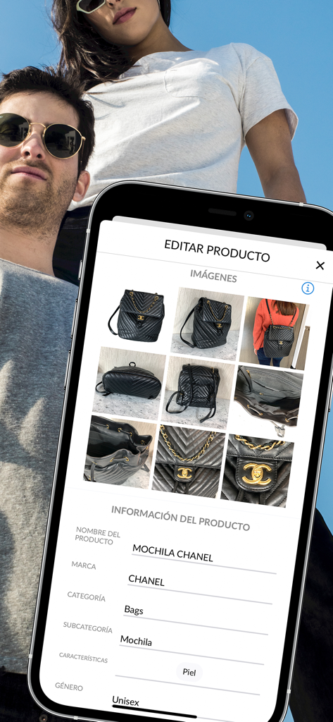 Portèlo -Luxury Fashion Market - Interfaccia dell'app Portelo che mostra la schermata di modifica del prodotto per un'inserzione di zaino Chanel