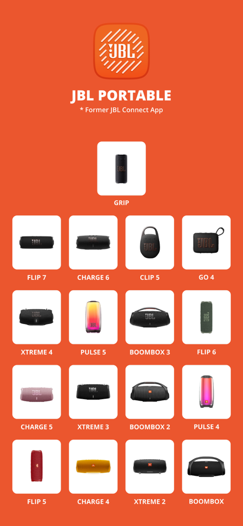 A list of compatible JBL portable speaker models displayed in the app interface