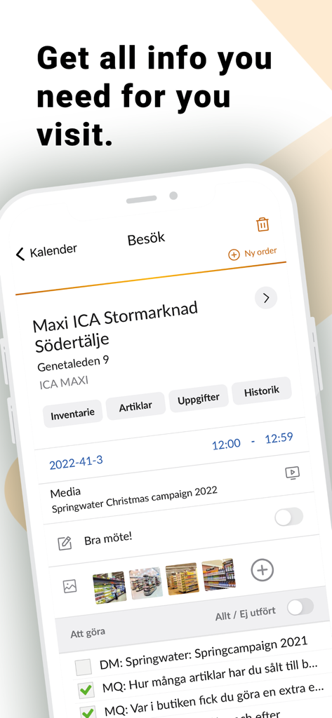 Mobile interface of Genero Sales app showing a store visit dashboard with customer information task checklists and photo documentation